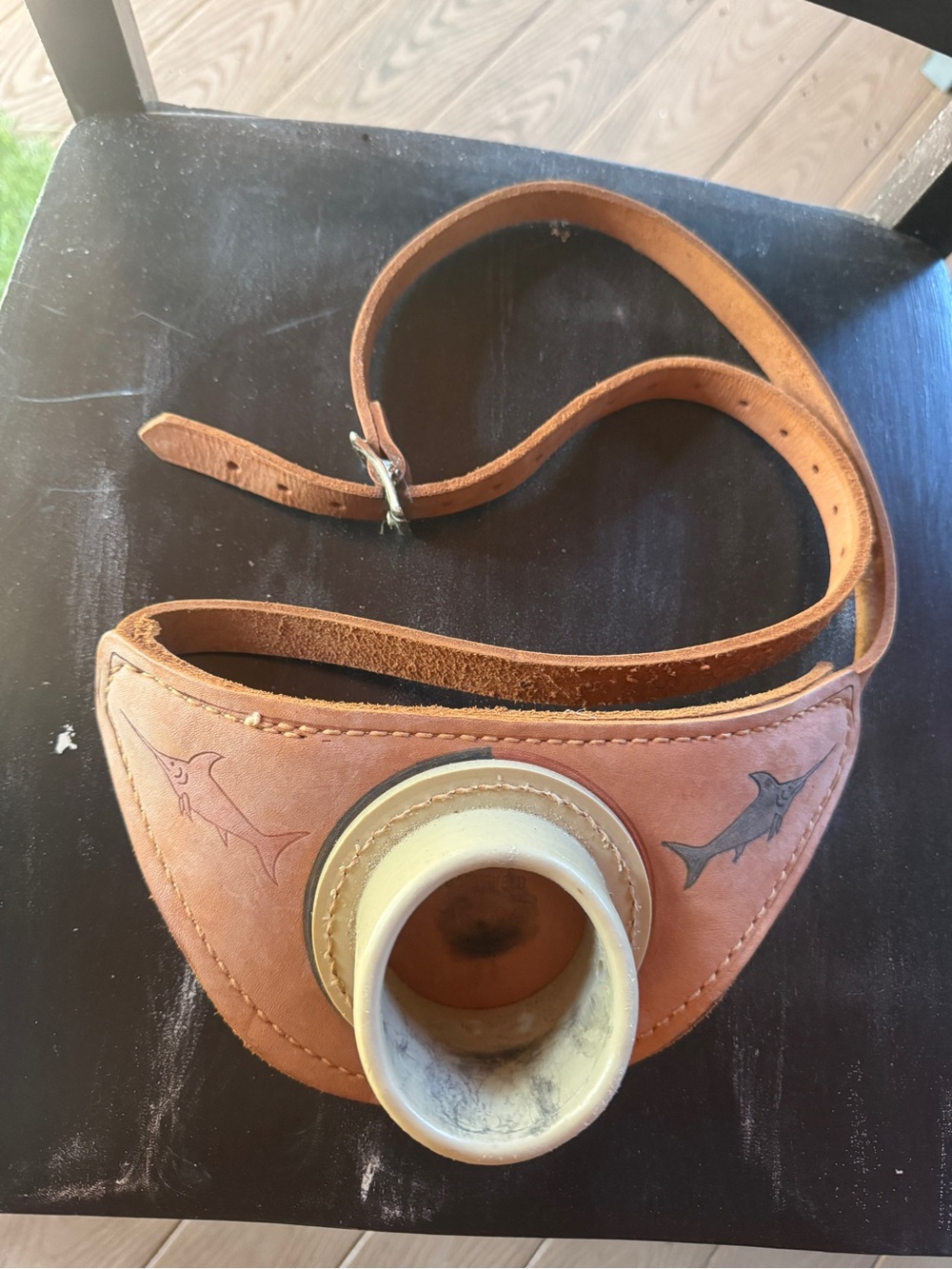 Sampo Inc Leather fishing rod belt holder with decorative fish tooling